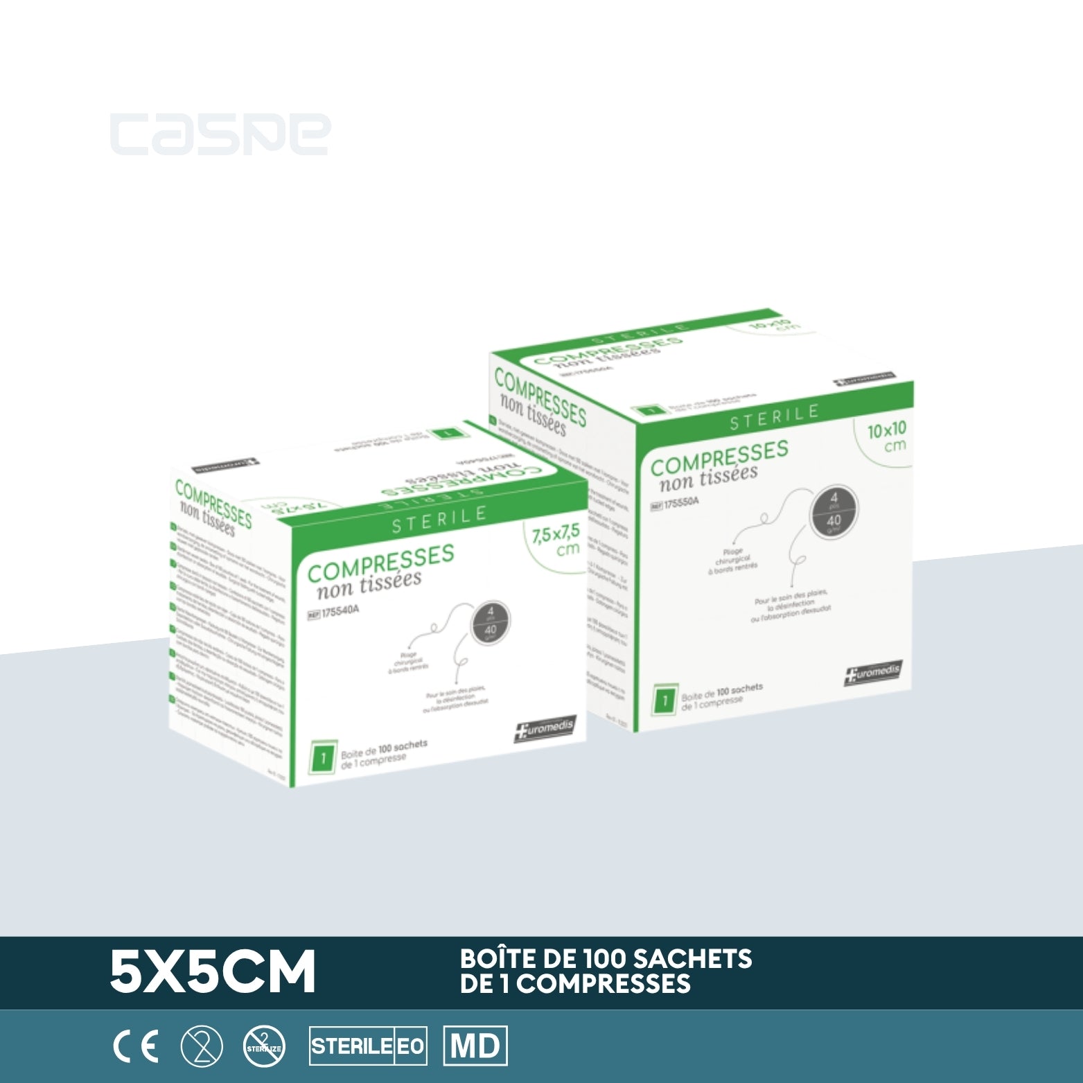 EUROMEDIS Sterile Vliesstoffkompresse - 40g/m² - 4-fach gefaltet - 5x5cm - Schachtel mit 100 Beuteln / 1 pro Beutel