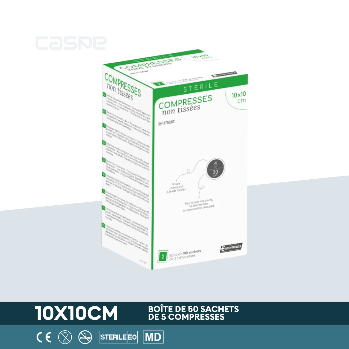 EUROMEDIS Sterile Vliesstoffkompresse - 30g/m² - 4-fach - 10x10cm - Packung mit 50 Beuteln / 5 pro Beutel