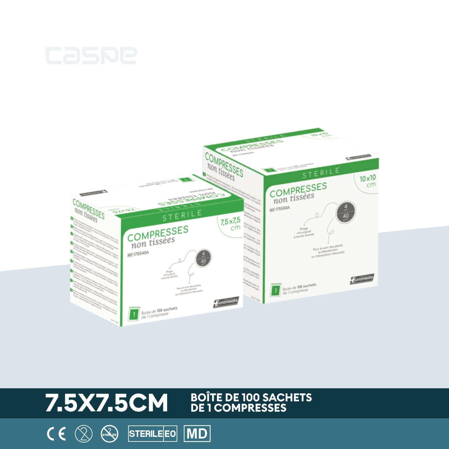 EUROMEDIS Sterile Vliesstoffkompresse - 40g/m² - 4-lagig - 7.5x7.5cm - Schachtel mit 100 Beuteln / 1 pro Beutel