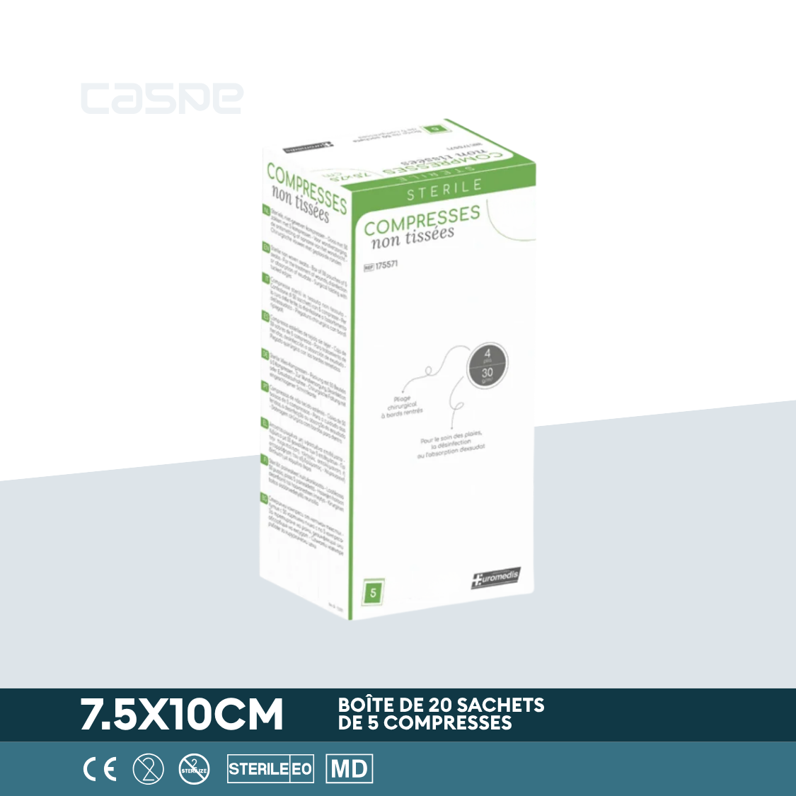 EUROMEDIS Sterile Vliesstoff-Kompresse - 30g/m² - 4-lagig - 7.5x10cm - Packung mit 20 Beuteln / 5 pro Beutel