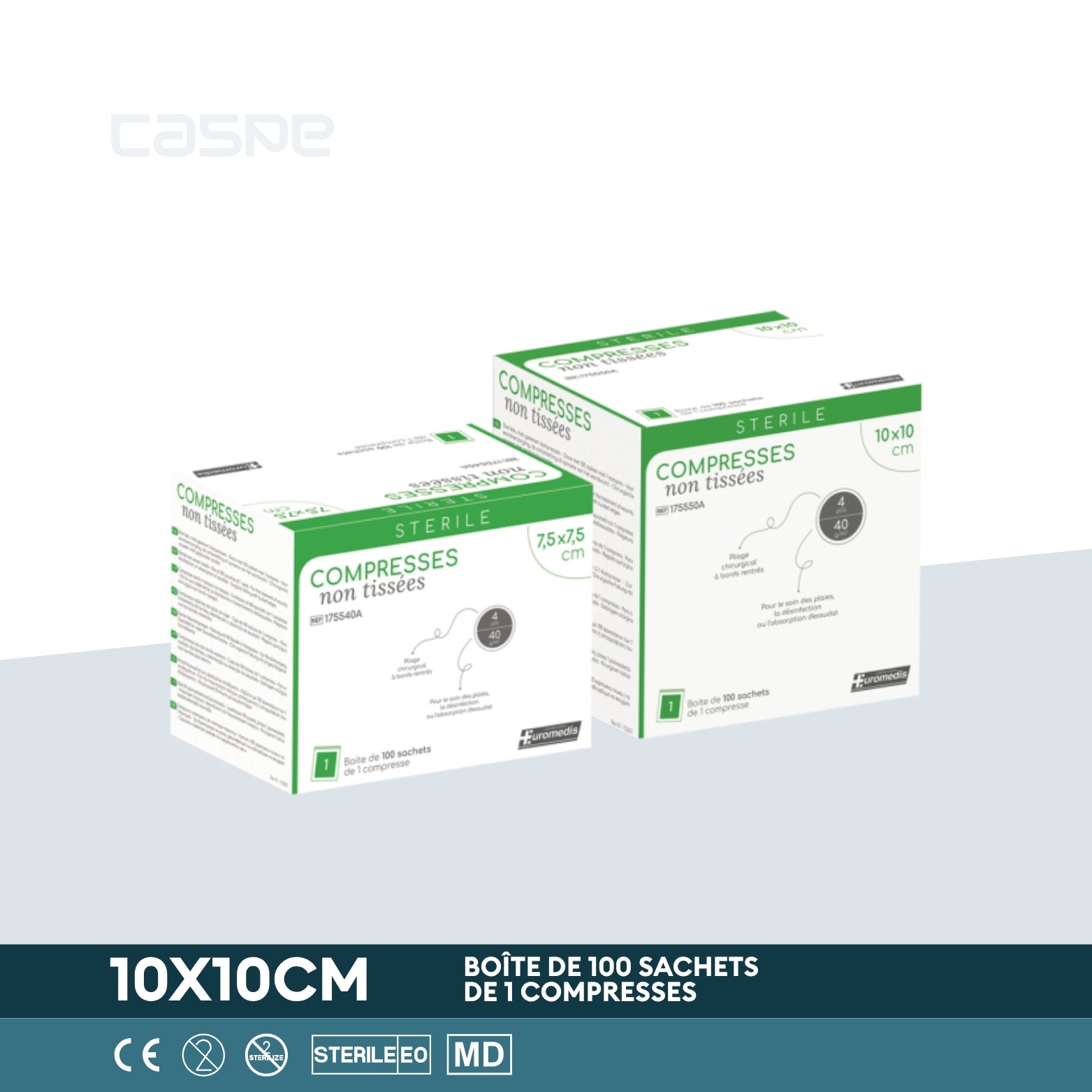 EUROMEDIS Sterile Vlieskompresse - 40g/m² - 4-fach - 10x10cm - Packung mit 100 Beuteln / 1 pro Beutel