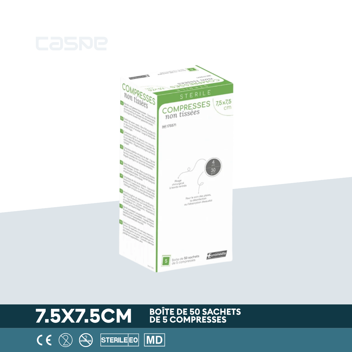 EUROMEDIS Sterile Vlieskompresse - 30g/m² - 4-lagig - 7.5x7.5cm - Packung mit 50 Beuteln / 5 pro Beutel