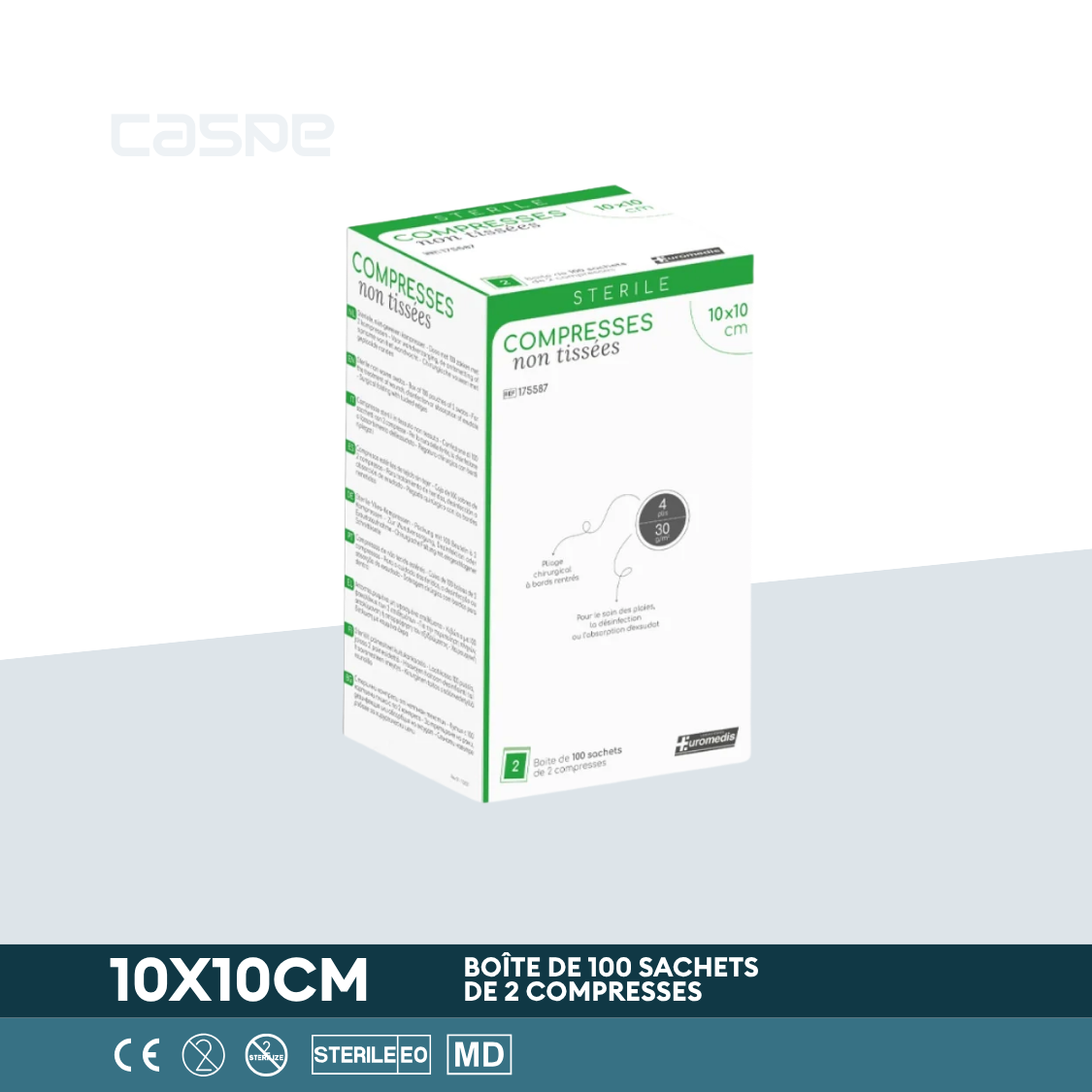 EUROMEDIS Sterile Vliesstoff-Kompresse - 30g/m² - 4-lagig - 10x10cm - Packung mit 100 Beuteln / 2 pro Beutel