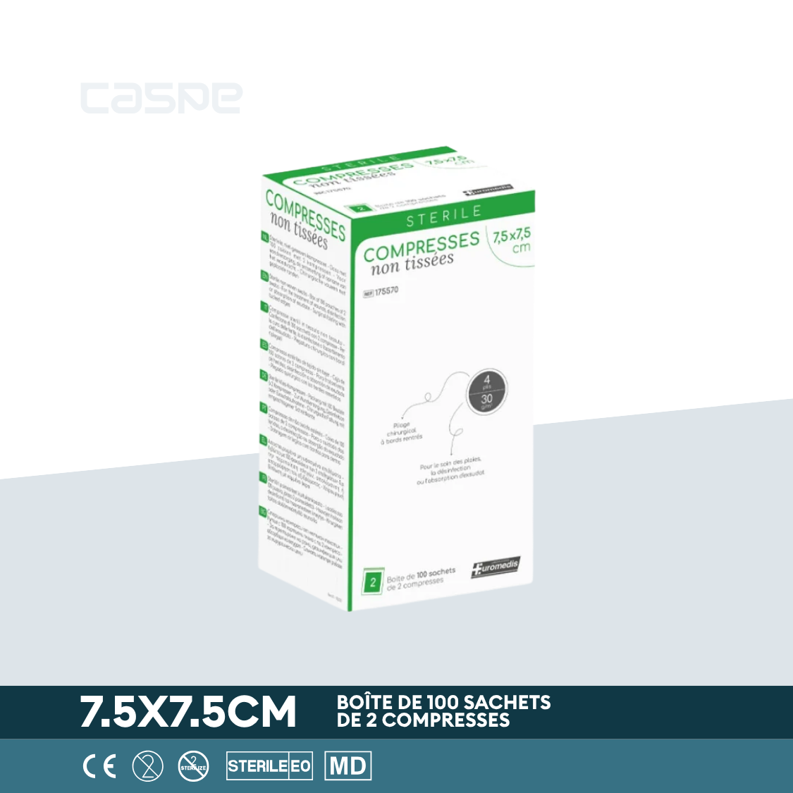 EUROMEDIS Sterile Vlieskompresse - 30g/m² - 4-fach - 7,5x7,5cm - Packung mit 100 Beuteln / 2 pro Beutel